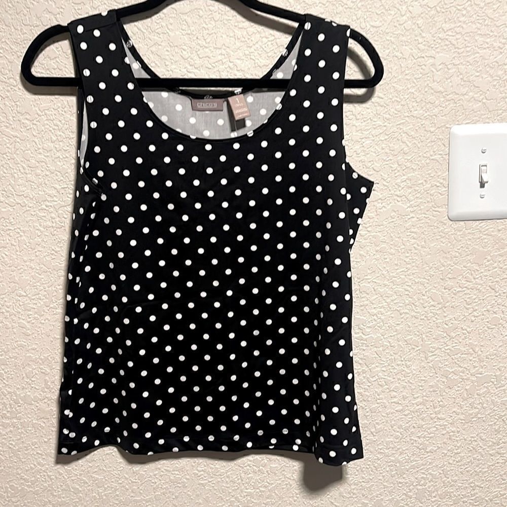 NWT- Chico’s- Black & White Polka Dot She’ll Tank Top, Size 1
